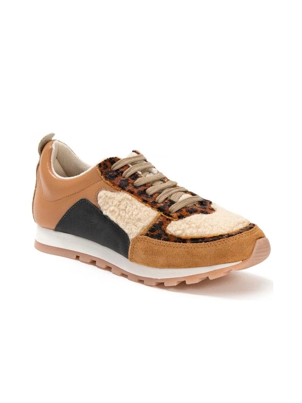 Yosi Samra Paige Tan Leather Sherpa Leopard Mix Crossover Sneakers